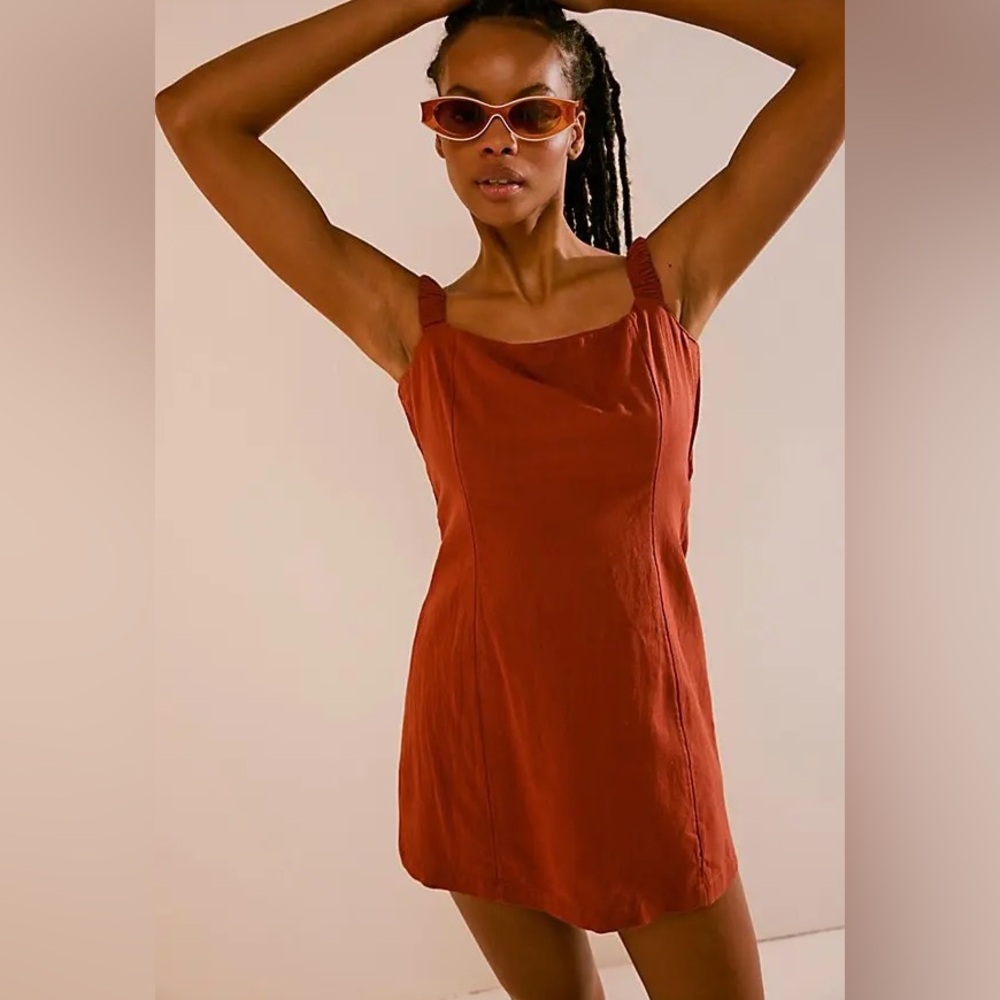 Free People Free-est Close To Heart Mini Dress Rust Cotton Linen Blend Small - Picture 2 of 3